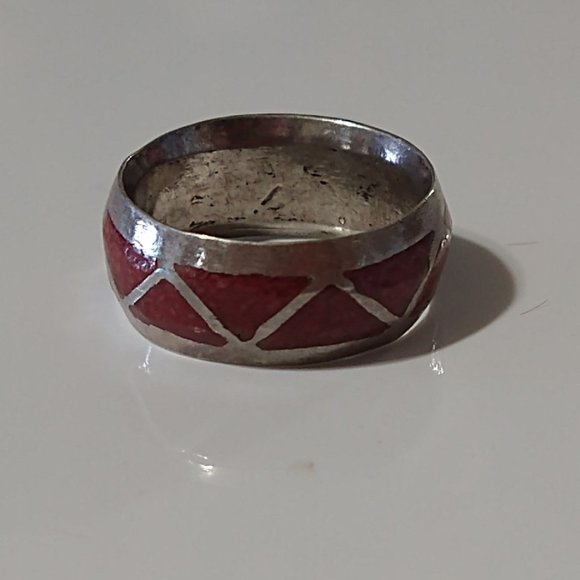 Sterling Silver Red Coral Chip Inlay Native American Western Ring Size: 3 Or 5 - Picture 5 of 11